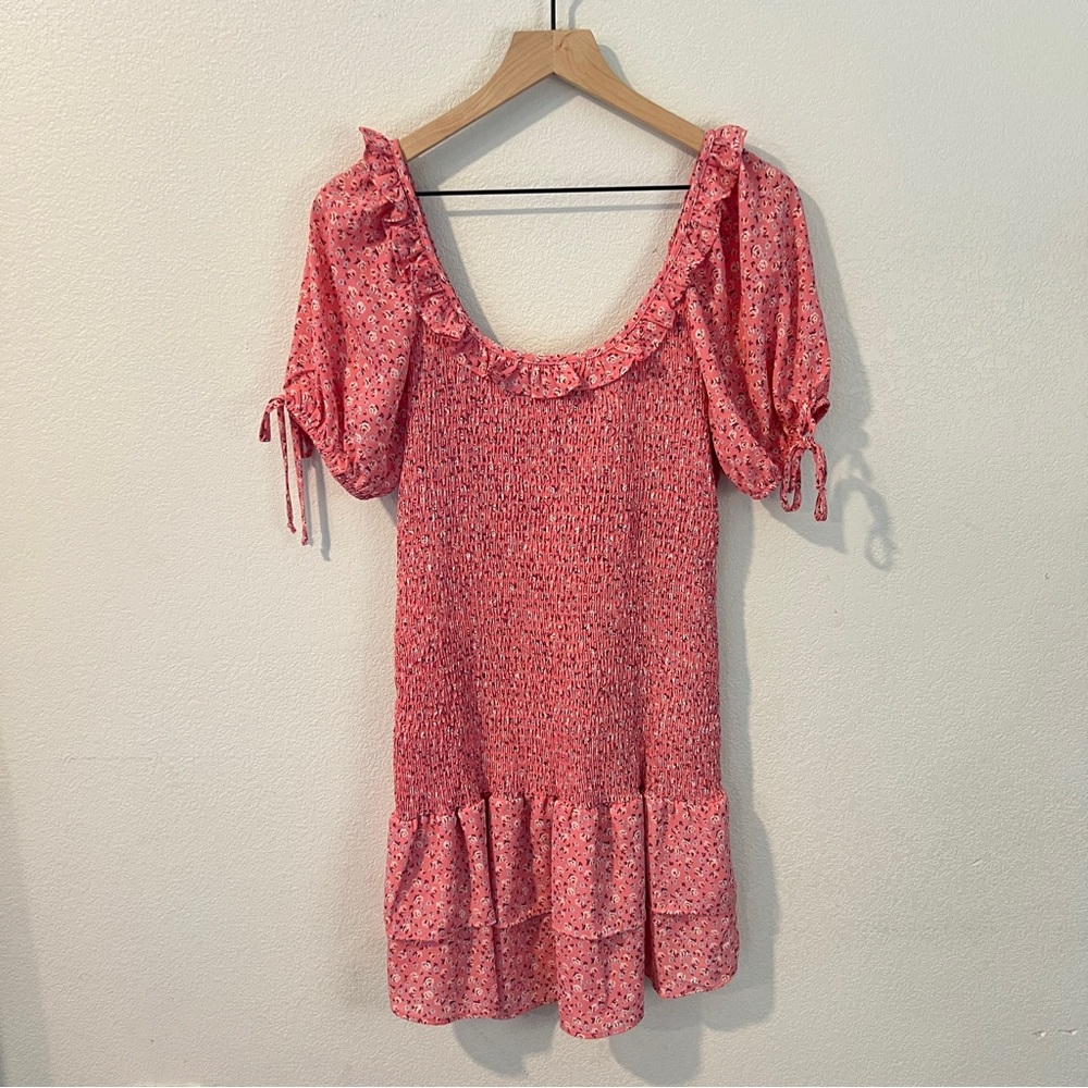 City Triangles Pink Floral Smocked Ruffle Trim Scoop Neck Mini Dress Size L